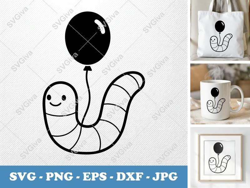 Worm SVG with Balloon | Cute Character Cut File | PNG EPS DXF for Cricut, Silhouette | Modern Clean Design