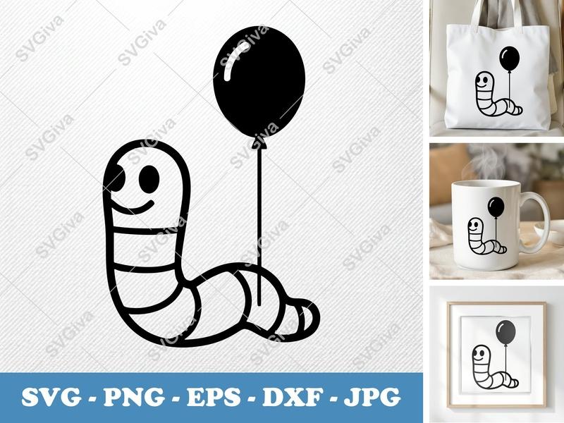 Worm SVG with Balloon | Cute Happy Worm PNG EPS DXF | Cricut Silhouette Cut File | Simple Modern Animal Vector