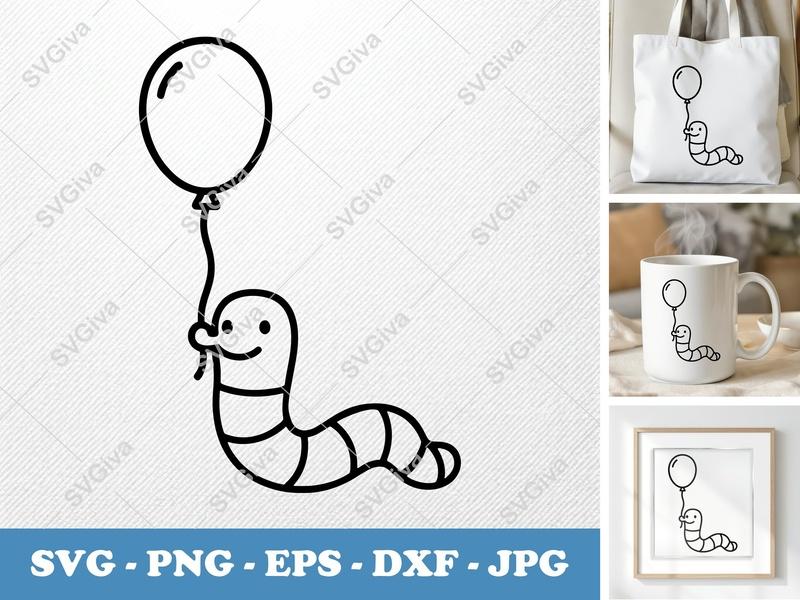 Worm SVG with Balloon | Cute Worm Design | Modern Cartoon Clipart | PNG EPS DXF for Cricut, Silhouette