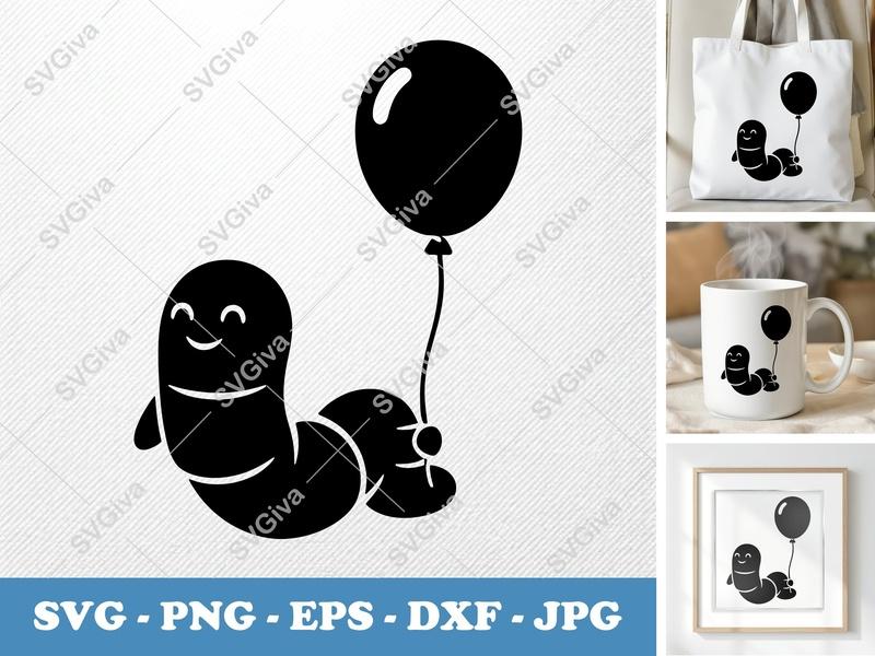 Worm SVG with Balloon | Smiling Cute Cartoon Worm | PNG EPS DXF | Cricut Silhouette Cut File, Kids Craft, Party