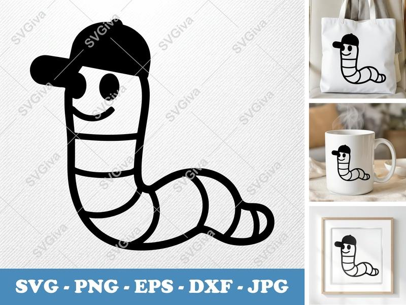 Worm SVG with Baseball Cap | Cute Cartoon Worm Cut File | PNG EPS DXF for Cricut & Silhouette | Modern Clean Design