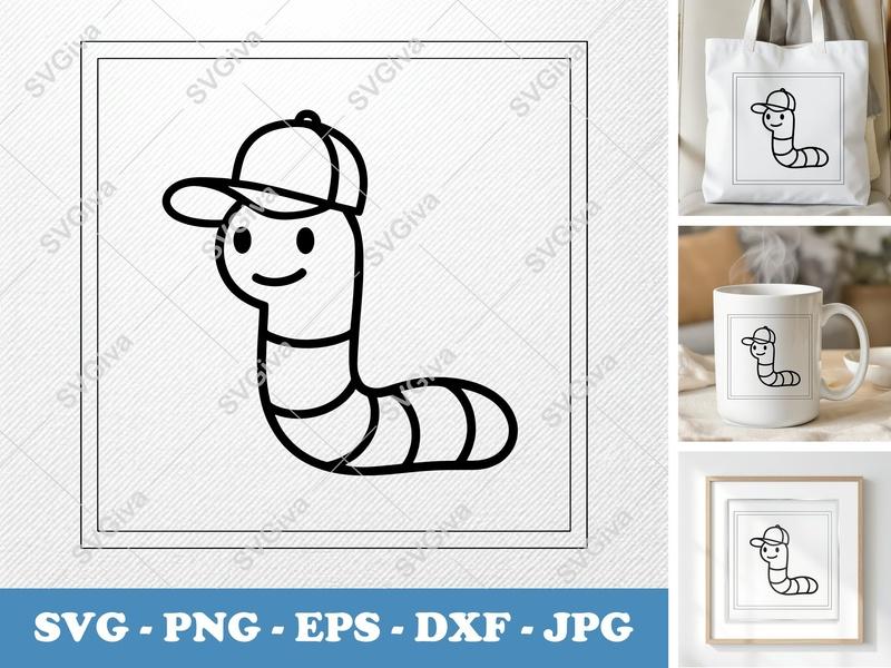 Worm SVG with Baseball Cap | Cute Cartoon Worm Cut File | PNG EPS DXF for Cricut & Silhouette | Modern Clean Design Vector Clipart