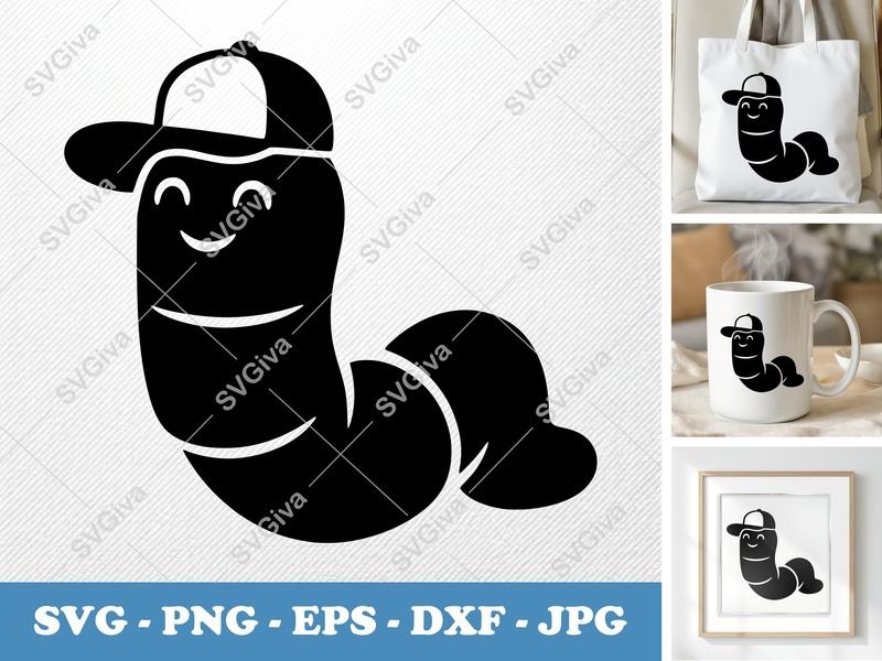 Worm SVG with Baseball Cap | Happy Worm Design | PNG EPS DXF for Cricut & Silhouette, Cute Cartoon Insect Cut File