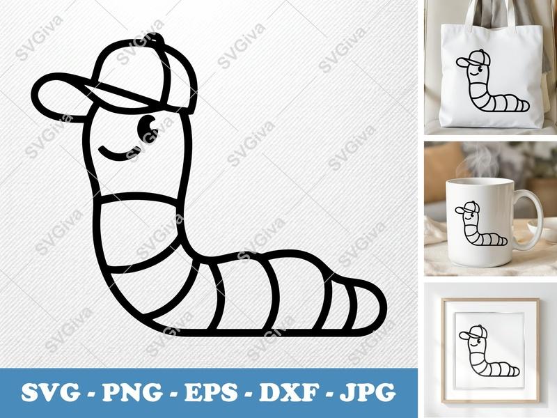 Worm SVG with Baseball Cap, Smiling Worm Clip Art, Cute Cartoon Worm | PNG EPS DXF for Cricut Silhouette