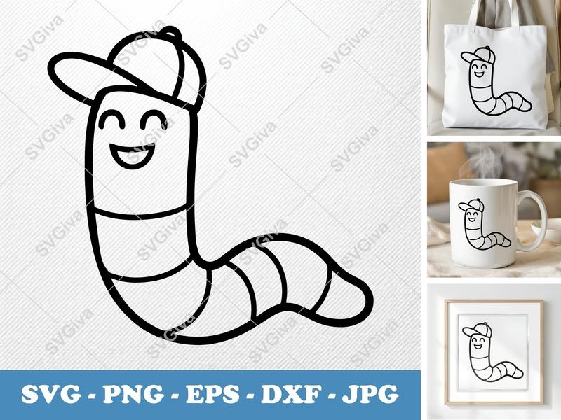 Worm SVG with Hat, Happy Cartoon Worm PNG EPS DXF | Cricut Silhouette Cut File, Modern Clean Design Animal Clipart