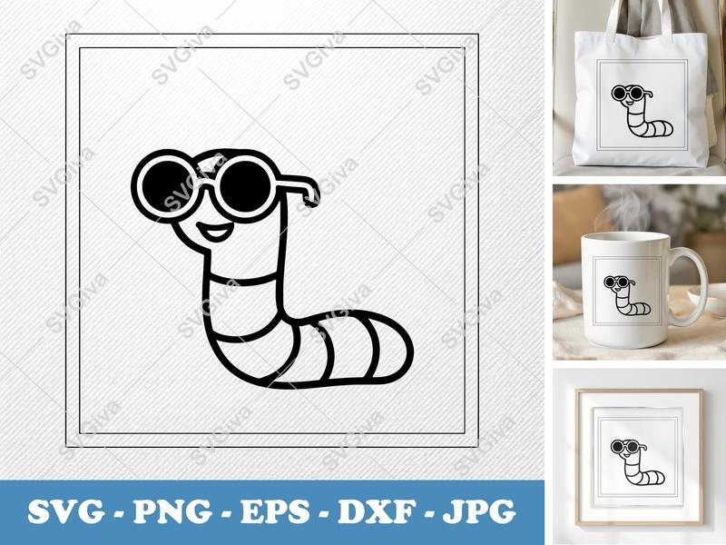 Worm SVG with Sunglasses | Cute Smiling Worm PNG EPS DXF | Cricut Silhouette Cut File, Modern Animal Clipart