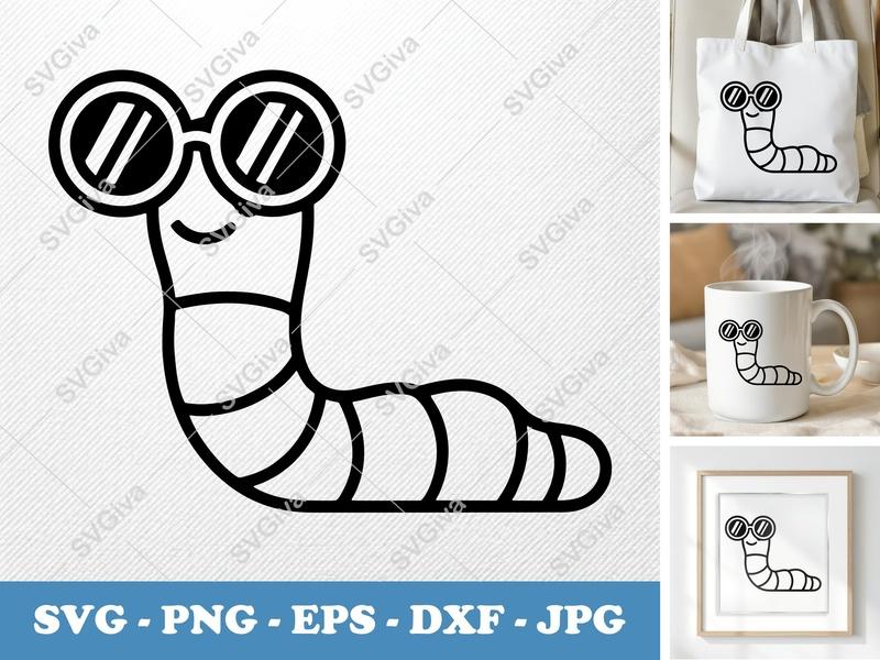 Worm SVG with Sunglasses | Modern Outline Design, Happy Face | PNG EPS DXF for Cricut & Silhouette Cut Files