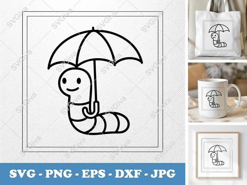 Worm SVG with Umbrella, Cute Cartoon Worm Line Art | PNG EPS DXF | Cricut Silhouette File, Modern Clean Design