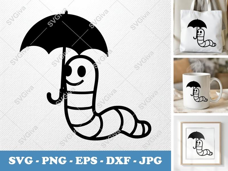 Worm SVG with Umbrella | Cute Cartoon Worm PNG EPS DXF | Cricut Silhouette Cut File | Modern Simple Outline Design