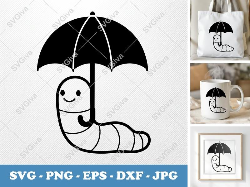 Worm Umbrella SVG, Cute Smiling Worm PNG EPS DXF for Cricut, Silhouette, Modern Clean Design, Digital Cut File