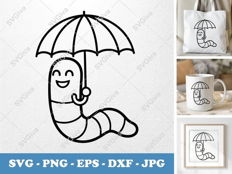 Worm Umbrella SVG, Happy Cute Wiggle Worm PNG EPS DXF | Cricut & Silhouette Cut File | Cartoon Rain Design