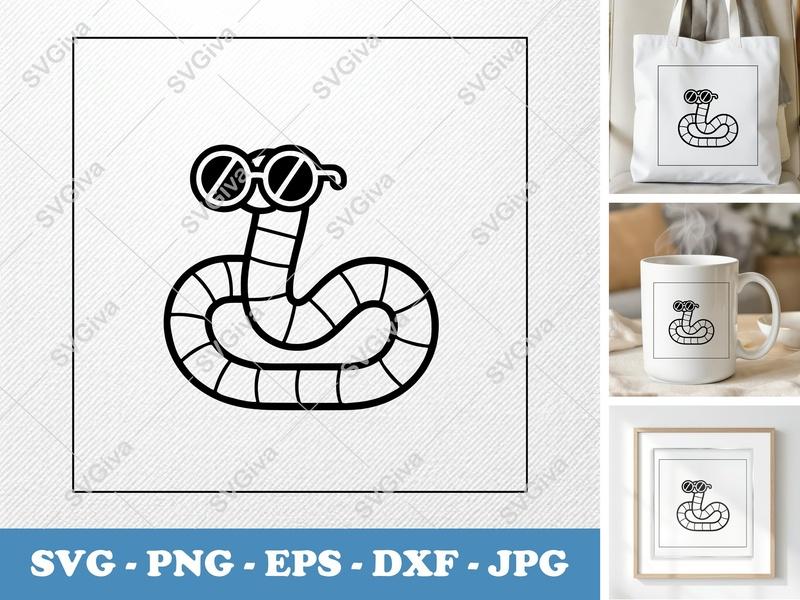 Worm Wearing Sunglasses SVG | Cartoon Minimalist Cut File | PNG DXF EPS | Cricut Silhouette Design