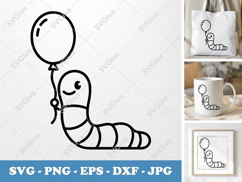 Worm with Balloon SVG, Cute Cartoon Animal PNG EPS DXF | Cricut & Silhouette Cut File, Modern Clean Design