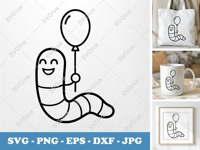 Worm with Balloon SVG, Cute Smiling Worm PNG EPS DXF for Cricut | Silhouette, Birthday Party Cut File, Modern Clip Art