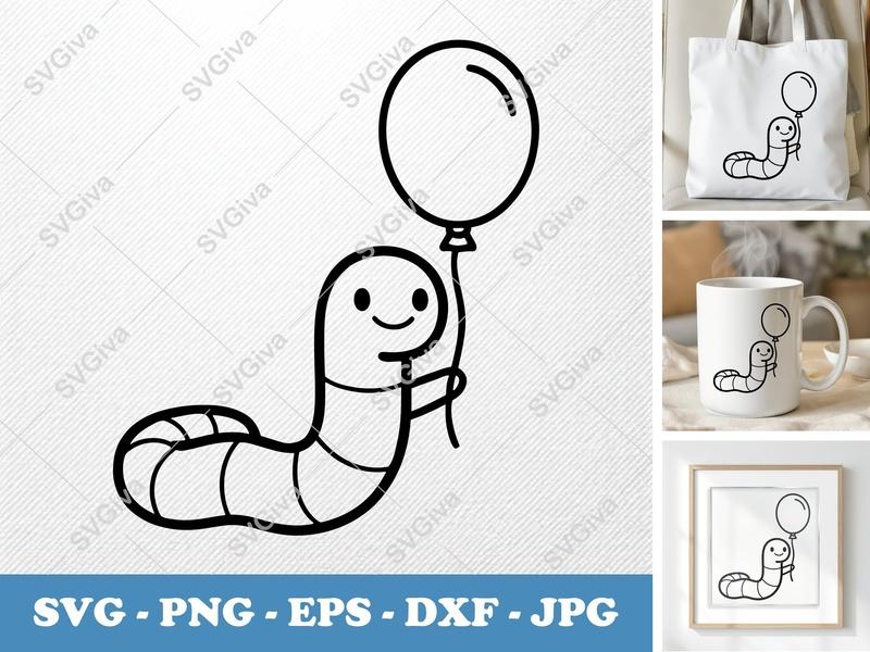 Worm with balloon SVG | Friendly, Bean-Shaped Cut File | PNG, DXF, EPS for Cricut & Silhouette