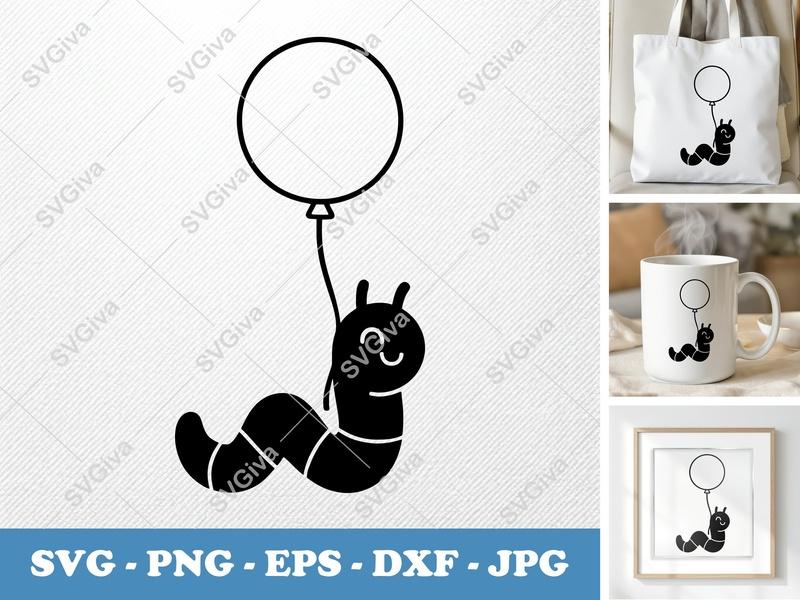 Worm with Balloon SVG | Puffy Cartoon Cut File | SVG PNG DXF EPS for Cricut Silhouette