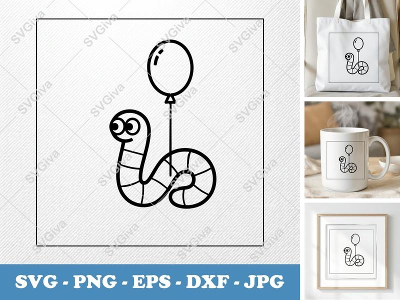 Worm with Balloon SVG | Simple Character Outline | PNG DXF EPS | Cricut Silhouette Cut File