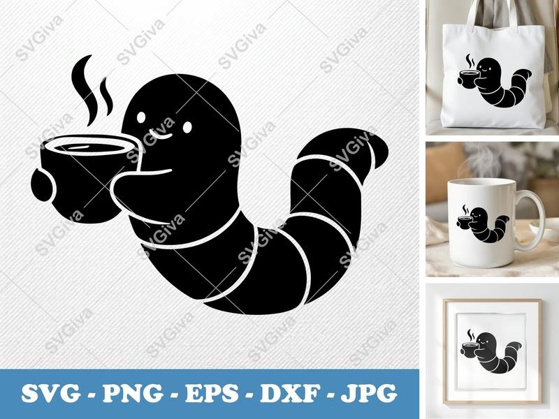 Worm with Coffee Cup SVG | Puffy Soft Shapes | Inflated Pillow Art | PNG DXF EPS | Cricut Silhouette File