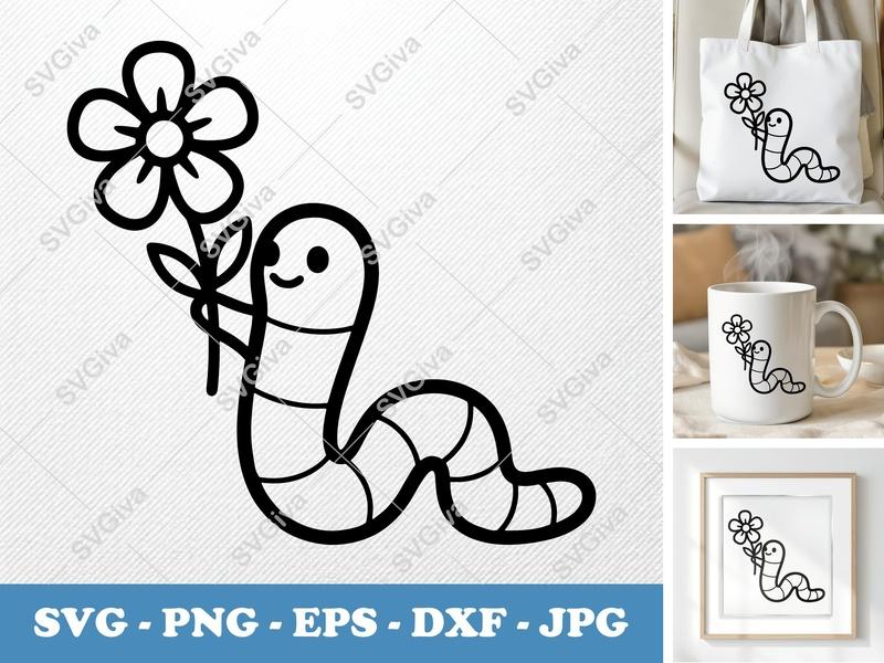 Worm with Flower SVG, Cute Garden Animal PNG DXF EPS, Happy Bug Cricut Silhouette Files, Modern Line Art Digital Download