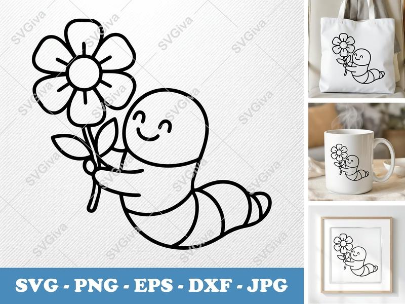 Worm with Flower SVG PNG DXF EPS | Cricut Silhouette Cut File | Cute Cartoon Animal
