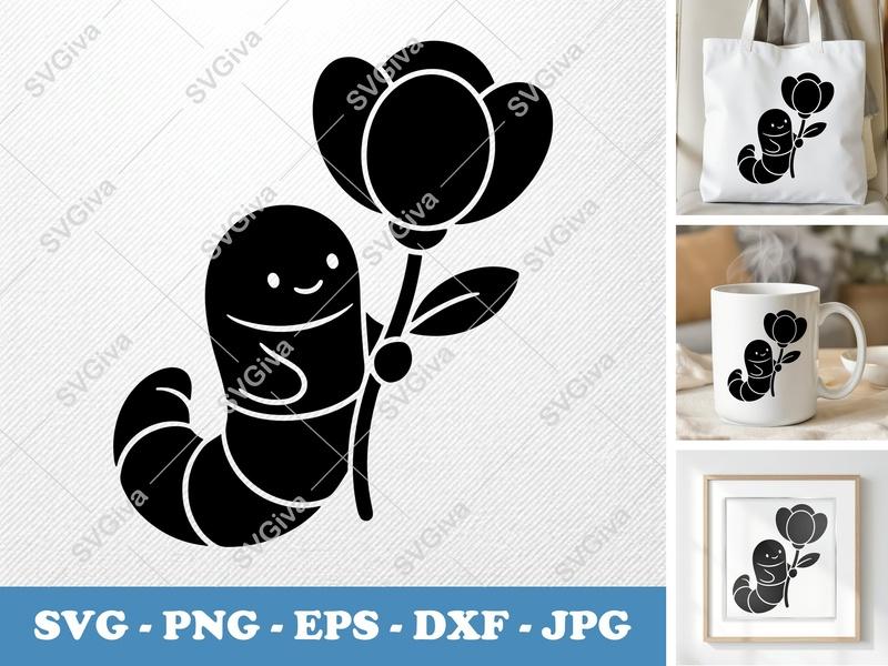 Worm with Flower SVG | Puffy Inflatable Forms | Cricut Silhouette | PNG DXF EPS