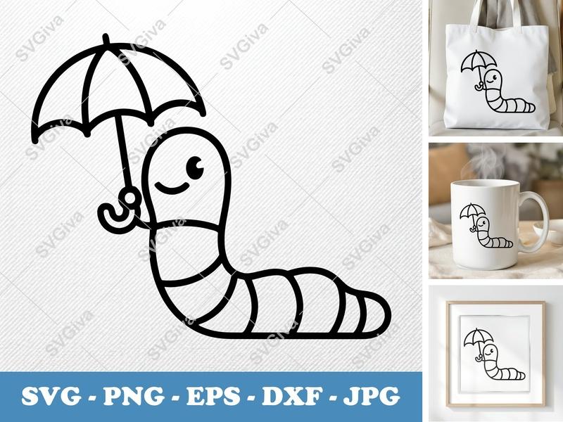 Worm with Umbrella SVG, Cute Rain Worm PNG EPS DXF | Cricut Silhouette Cut File, Modern Wiggle Worm Clipart Vector