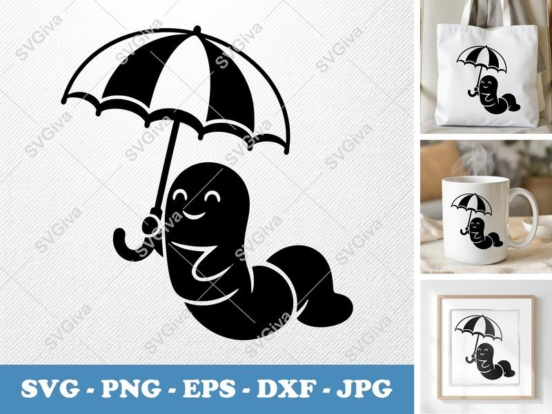 Worm with Umbrella SVG, Happy Smiling Earthworm PNG EPS DXF, Cute Garden Insect Cut File for Cricut, Silhouette
