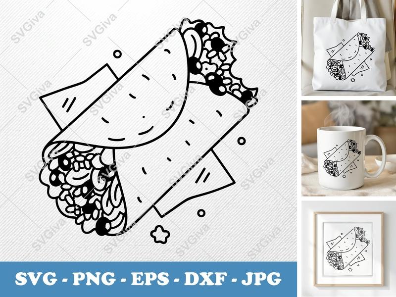 Wrap Burrito SVG | Taco Outline PNG EPS DXF | Food Clipart Cut File for Cricut, Silhouette | Modern Mexican Snack Design