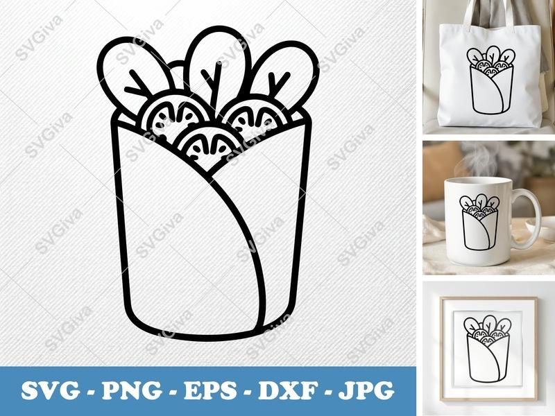 Wrap Food SVG, Burrito Sandwich Salad, Modern Clean Line Art | PNG EPS DXF for Cricut Silhouette