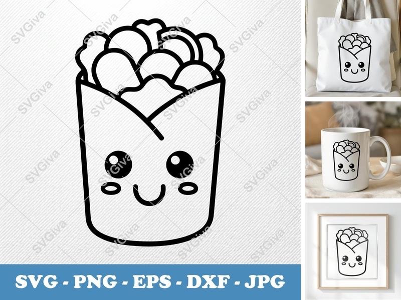 Wrap Kawaii SVG | Cute Burrito Outline | Food Clipart PNG EPS DXF | Cricut Silhouette File | Modern Clean Design