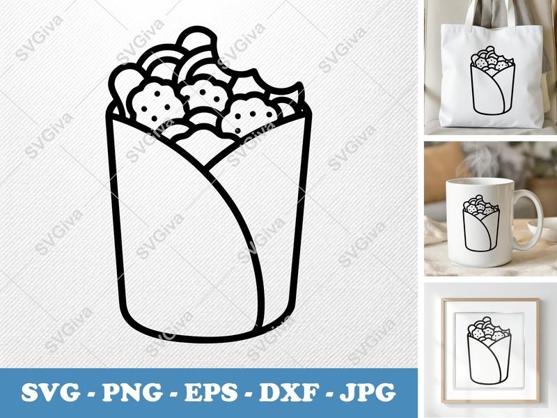 Wrap SVG, Burrito Outline SVG, Modern Food Clipart, Shawarma Vector | PNG EPS DXF for Cricut, Silhouette, Fast Food Icon