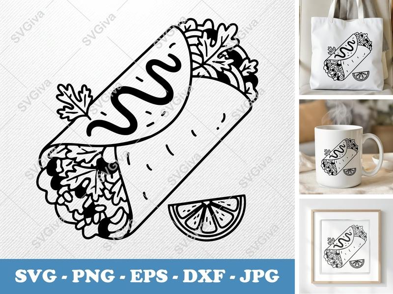 Wrap SVG, Burrito Taco Food Outline with Lime, Modern Clean Design | PNG EPS DXF for Cricut Silhouette