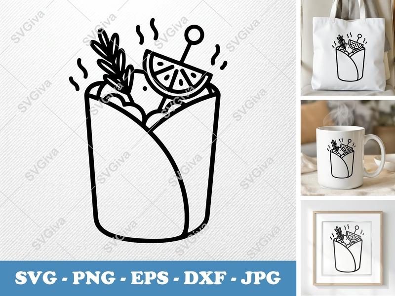 Wrap SVG, Food Burrito Outline, Modern Snack Clipart | PNG EPS DXF for Cricut, Silhouette | Kitchen Decal Cut File