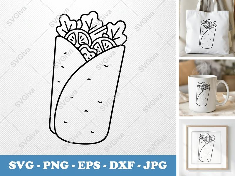 Wrap SVG | Foodie Outline Cut File | Modern Clean Burrito Taco Design | PNG EPS DXF for Cricut Silhouette