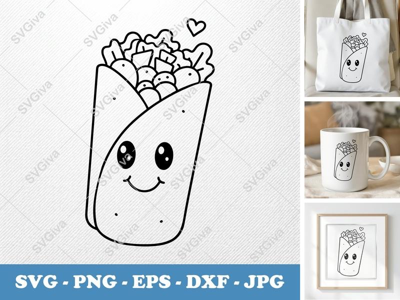 Wrap SVG, Kawaii Burrito Face, Food Clipart Cut File | PNG EPS DXF for Cricut, Silhouette, Cute Mexican Snack