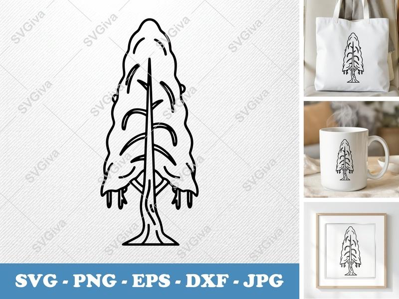 Yew Tree alone SVG | Double Outline Tree Cut File, Nature Plant Vector for Cricut, Silhouette | PNG EPS DXF Clipart