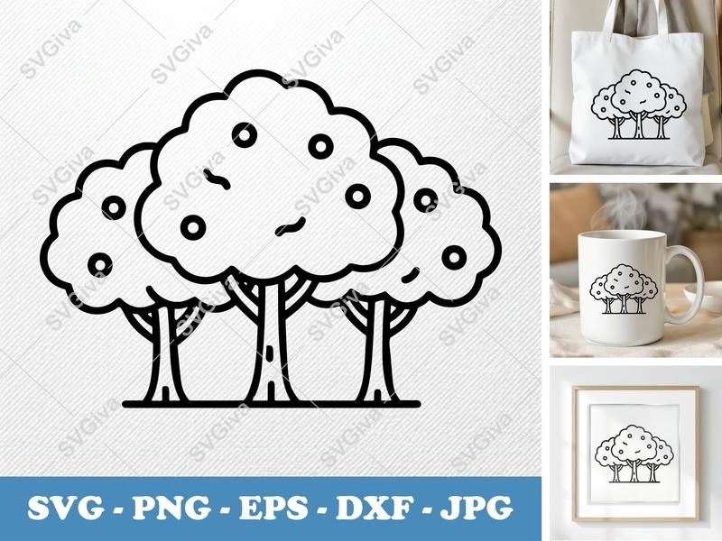 Yew Tree in a group SVG | Bold Black Outline, Simple Design, Nature Graphic | PNG EPS DXF for Cricut & Silhouette