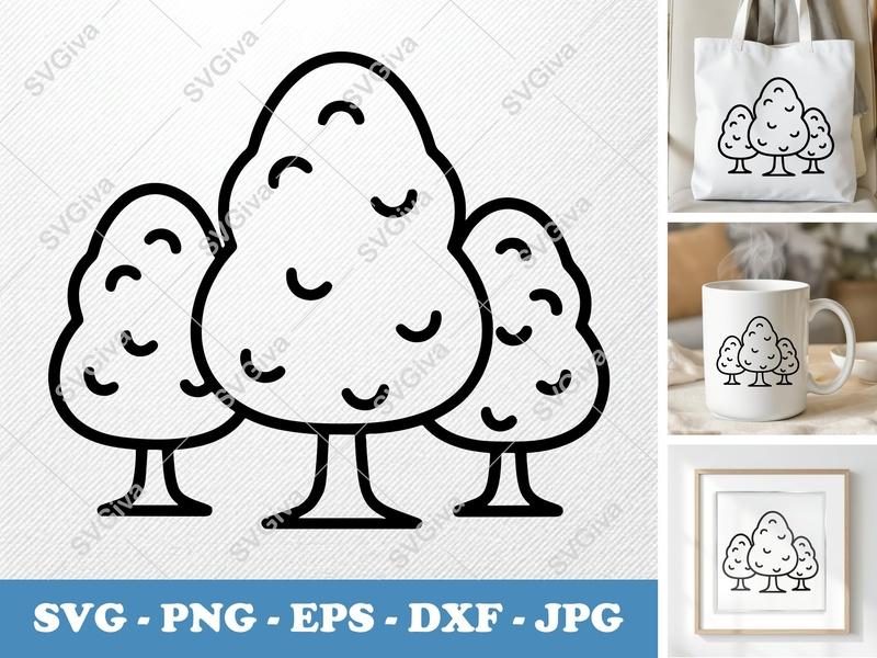 Yew Tree in a group SVG | Rounded Bean Shape Trees Cut File | Friendly Nature Clipart PNG DXF EPS for Cricut & Silhouette