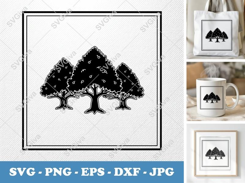 Yew Tree in a group SVG | Solid Black Fill, White Contour Line | PNG EPS DXF | Cricut Silhouette Cut File