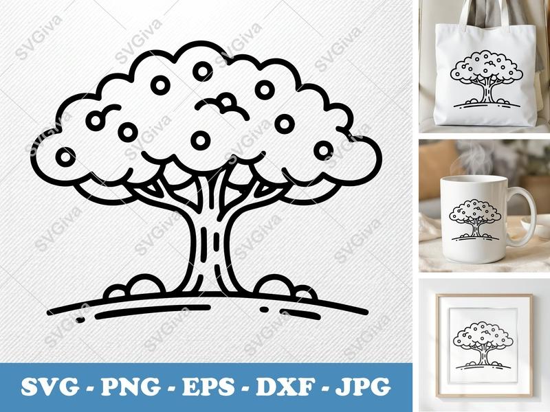 Yew Tree on a piece of land SVG | Bold Outline Tree Cut File, Nature Clipart, EPS DXF PNG for Cricut Silhouette