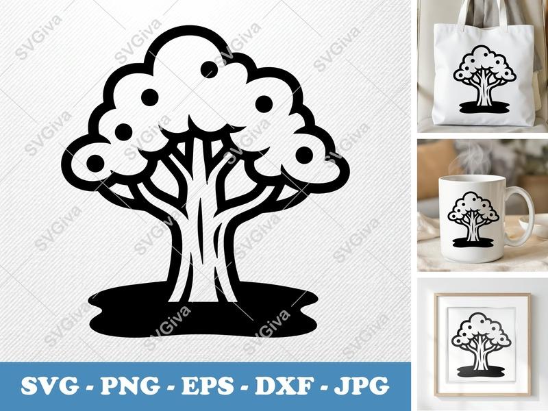 Yew Tree on a piece of land SVG | Bold Thick Lines, Vintage Cartoon Simplicity | PNG EPS DXF for Cricut Silhouette