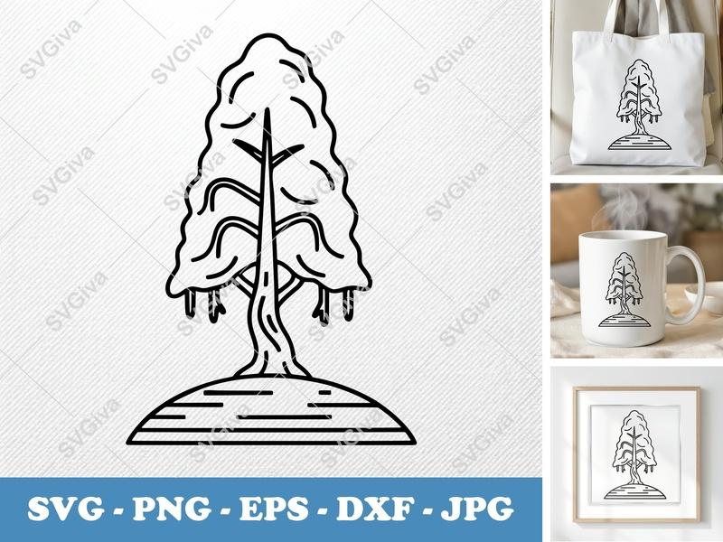 Yew Tree on a piece of land SVG, Double Outline Tree Cut File, Nature Digital Design, PNG EPS DXF for Cricut Silhouette