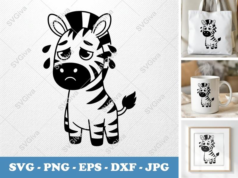 Zebra Crying SVG, Sad Zebra PNG EPS DXF, Cute Cartoon Animal Cut File for Cricut & Silhouette, Modern Design
