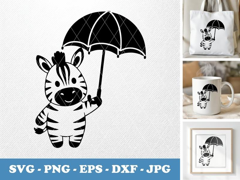 Zebra holding umbrella Puffy SVG, Cute Animal Design, Cricut Cut File, Silhouette Vector, Kids Clipart, PNG EPS DXF