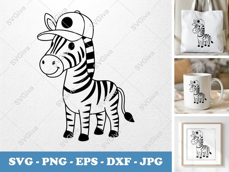 Zebra in a Cap SVG | Minimalist Cartoon Cut File | Bold Contour PNG DXF EPS | Cricut Silhouette Design