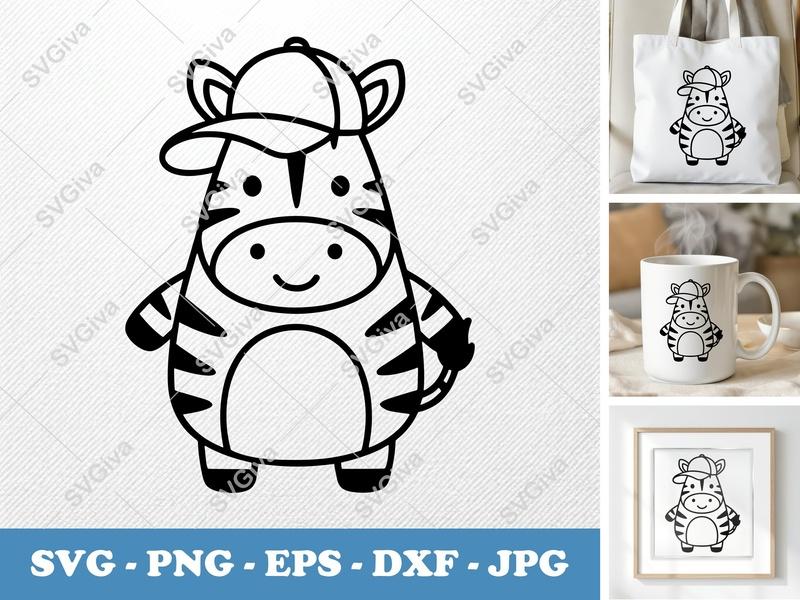 Zebra in a Cap SVG PNG DXF EPS | Animal Cut File Cricut Silhouette | Cartoon Safari Vector