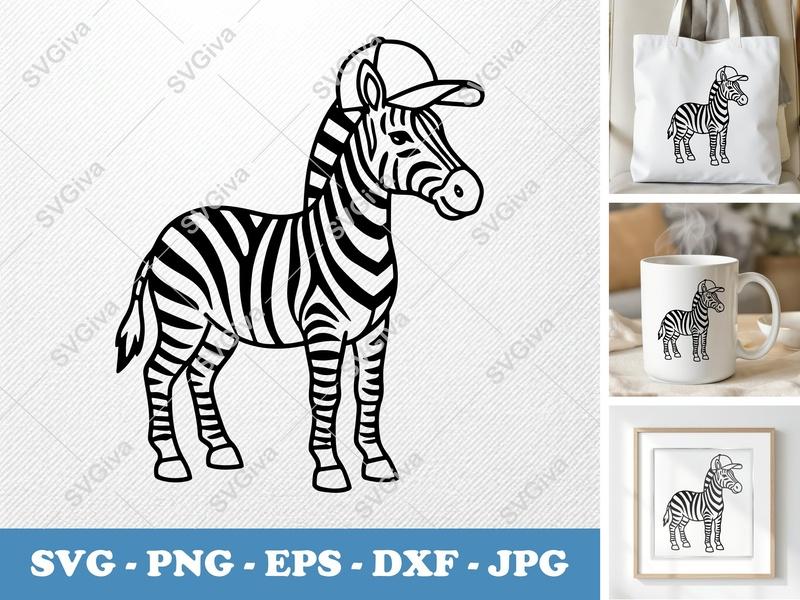 Zebra in a Cap SVG PNG DXF EPS | Animal Cut File Cricut Silhouette | Safari Zoo Vector Art