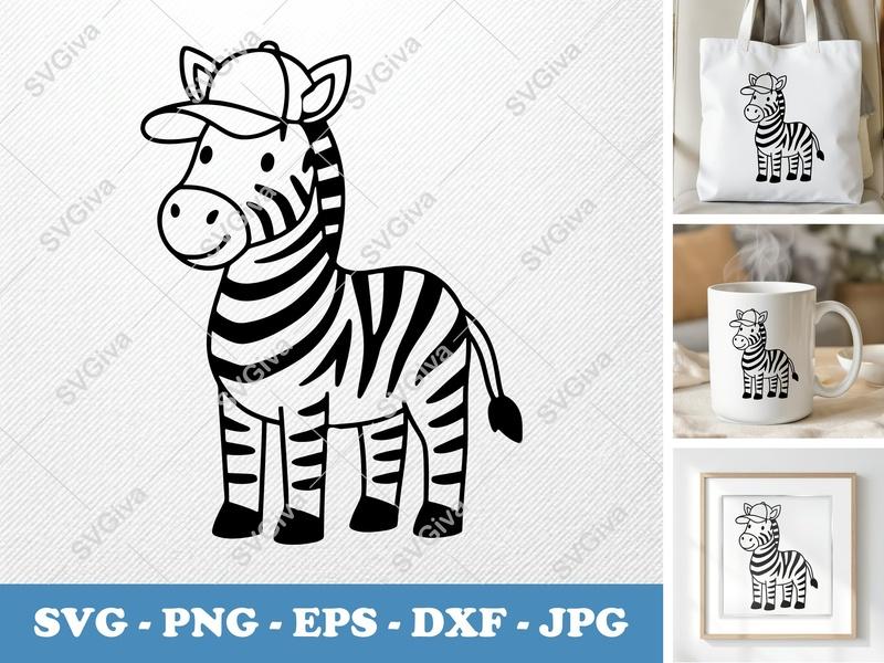 Zebra in a Cap SVG PNG DXF EPS | Cartoon Animal Cut File for Cricut Silhouette