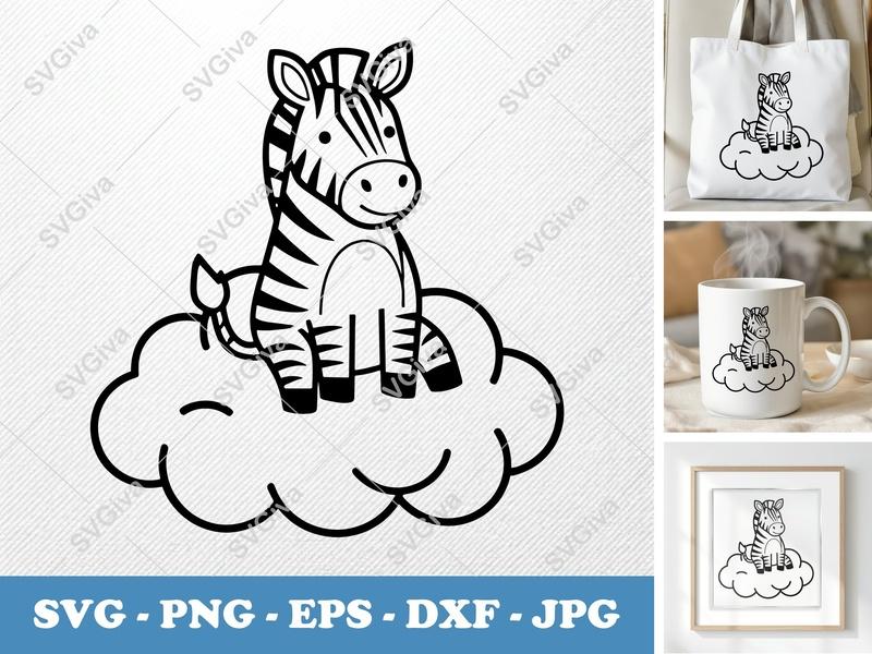 Zebra on Cloud SVG PNG EPS DXF | Cute Animal Cut File for Cricut Silhouette | Nursery Decor Clipart