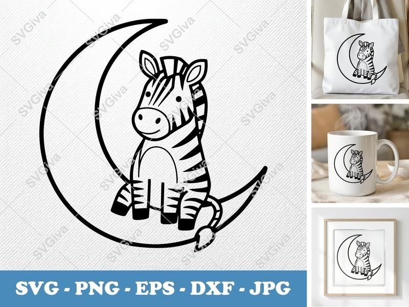 Zebra on Moon SVG, Cute Zebra Clipart, Animal Cut File, PNG, EPS, DXF for Cricut & Silhouette, Baby Nursery Decor